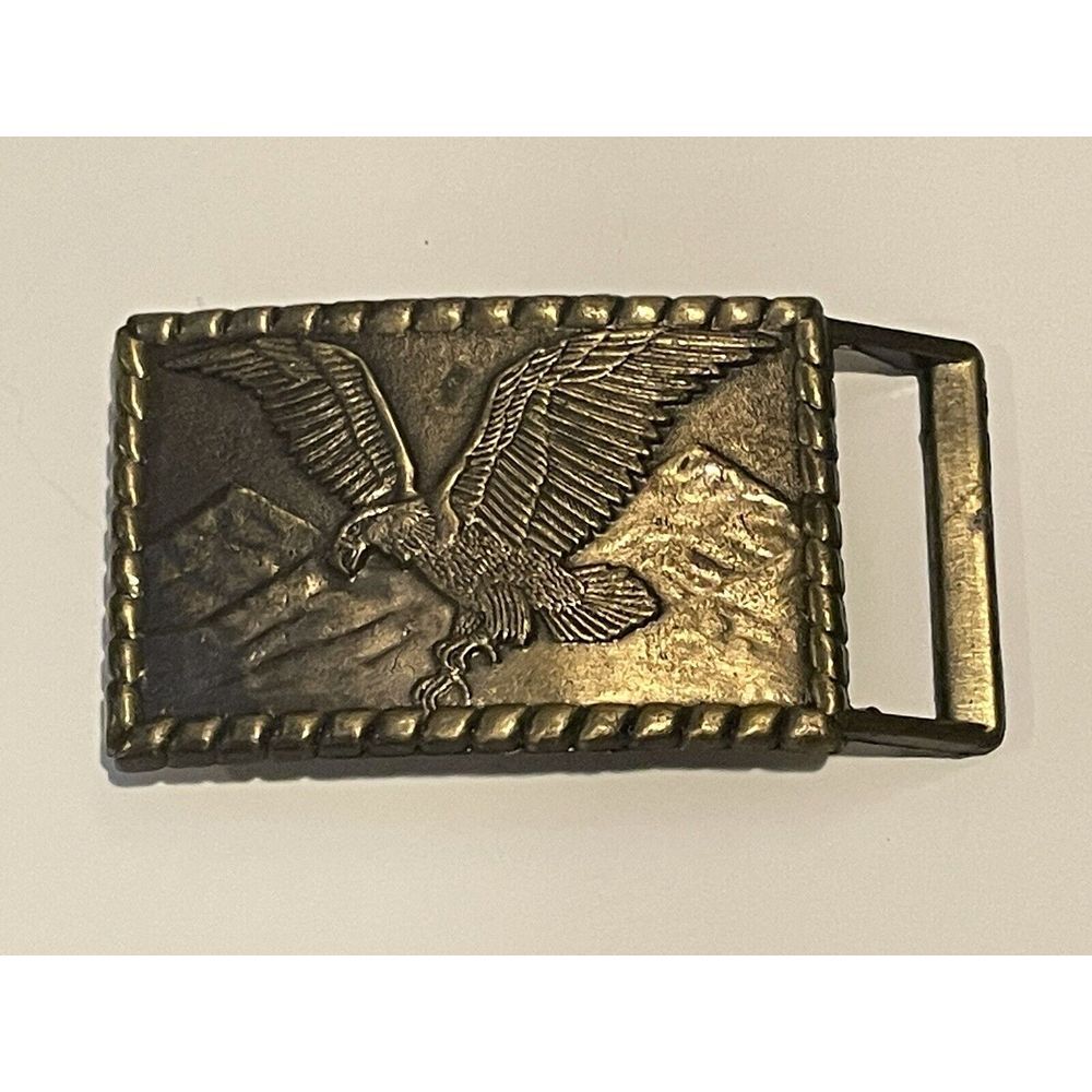 Vintage Rectangular FLYING EAGLE Mountains Belt Buckle 3"x2" Rope Boarder Brass
